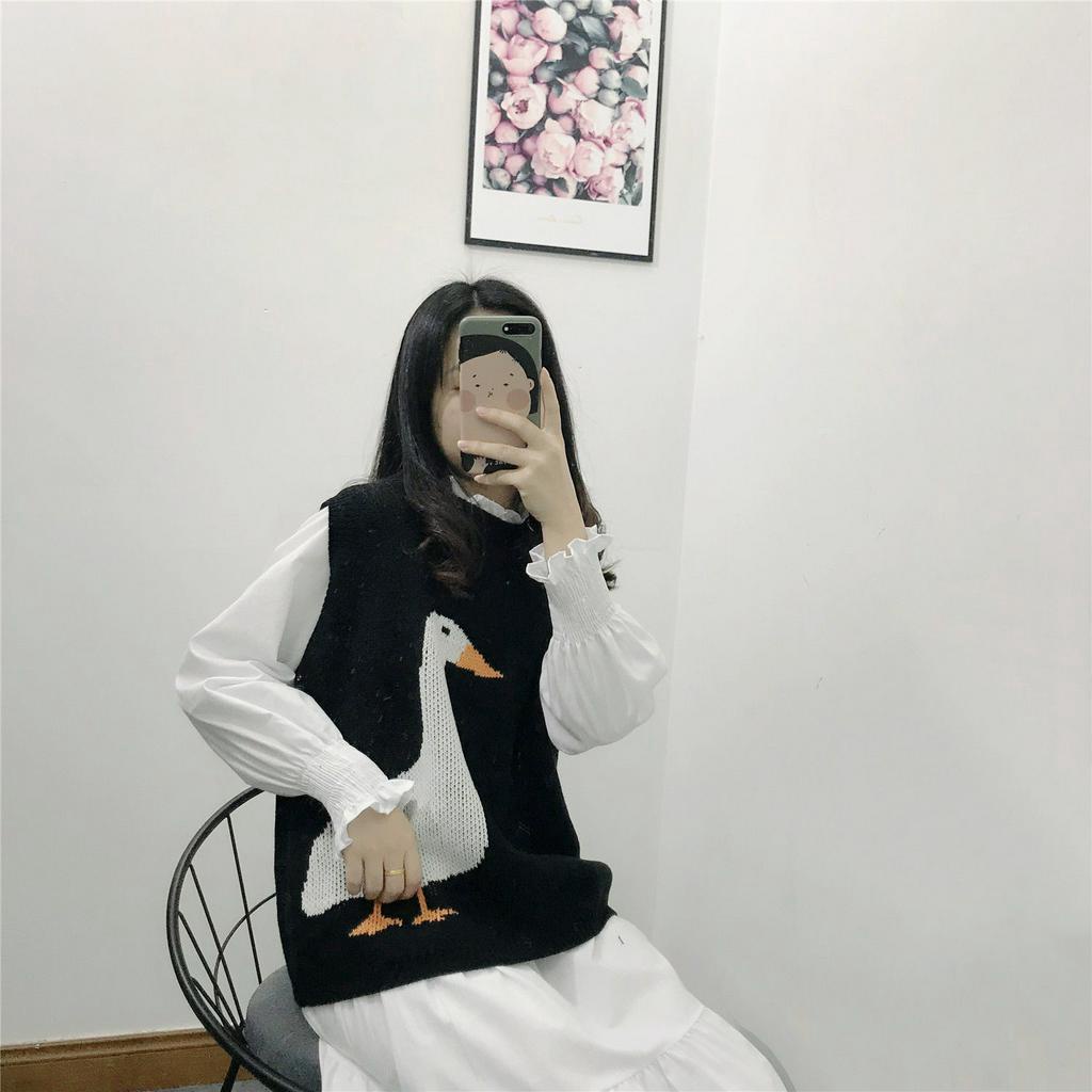 Áo Ba Lỗ Dệt Kim Dáng Rộng In Hình Hoạt Hình Xinh Xắn Cho Nữ