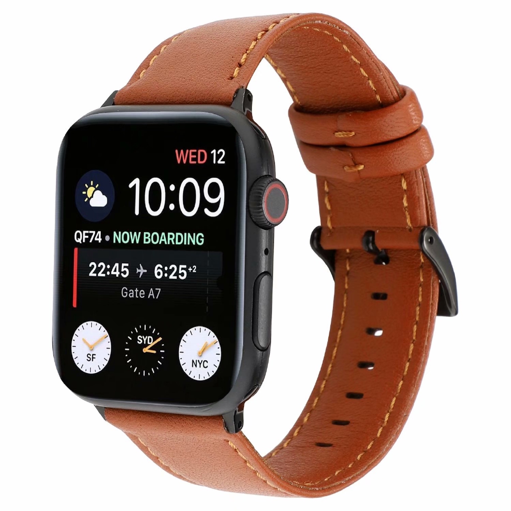 Dây đeo da bò thật màu trơn có khóa cài cho đồng hồ iWatch Dòng 6 se 5 4 3 2 1 38mm 40mm 42mm 44mm