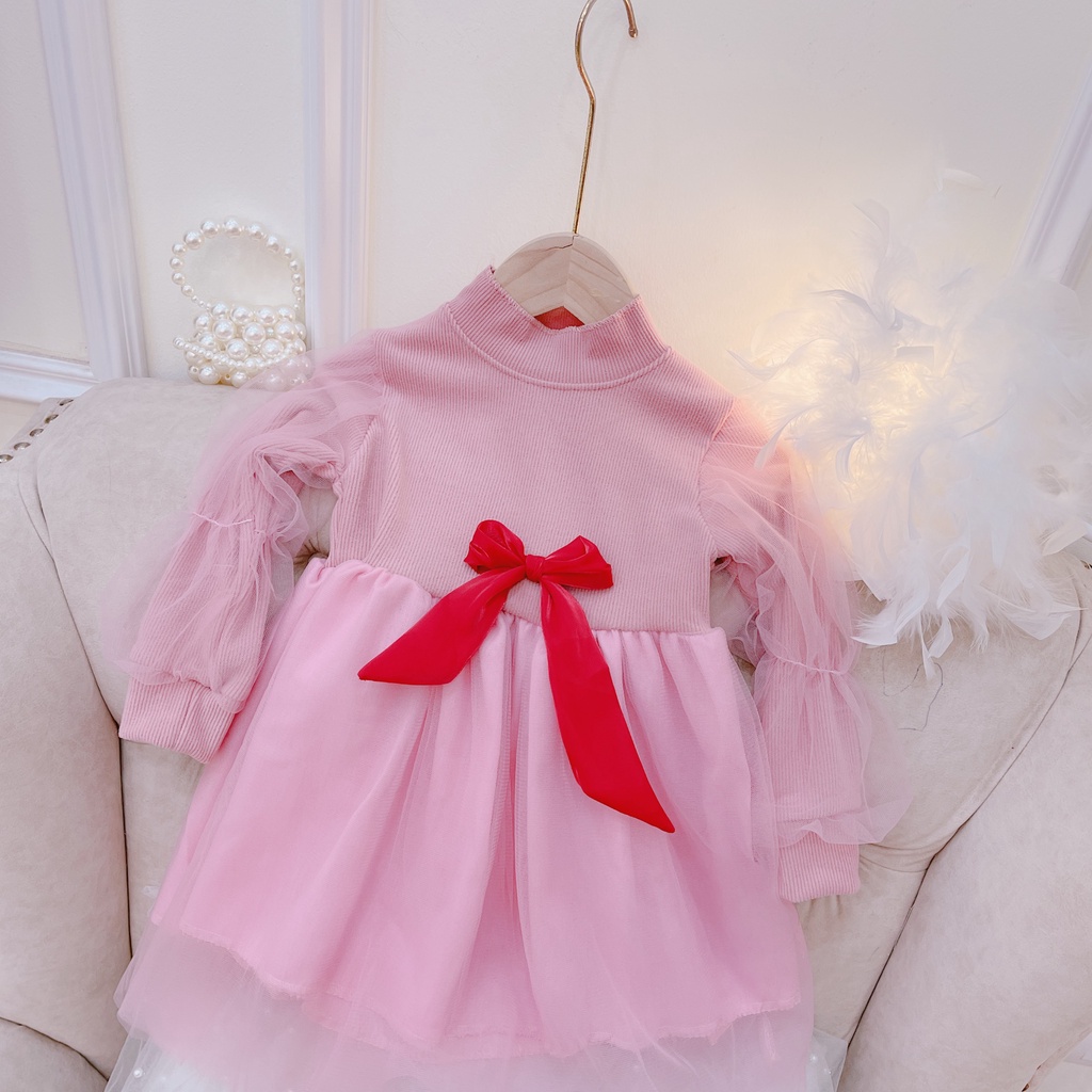 Váy thu đông bé gái, váy len nhung phối ren nơ đỏ chất siêu mềm cho bé