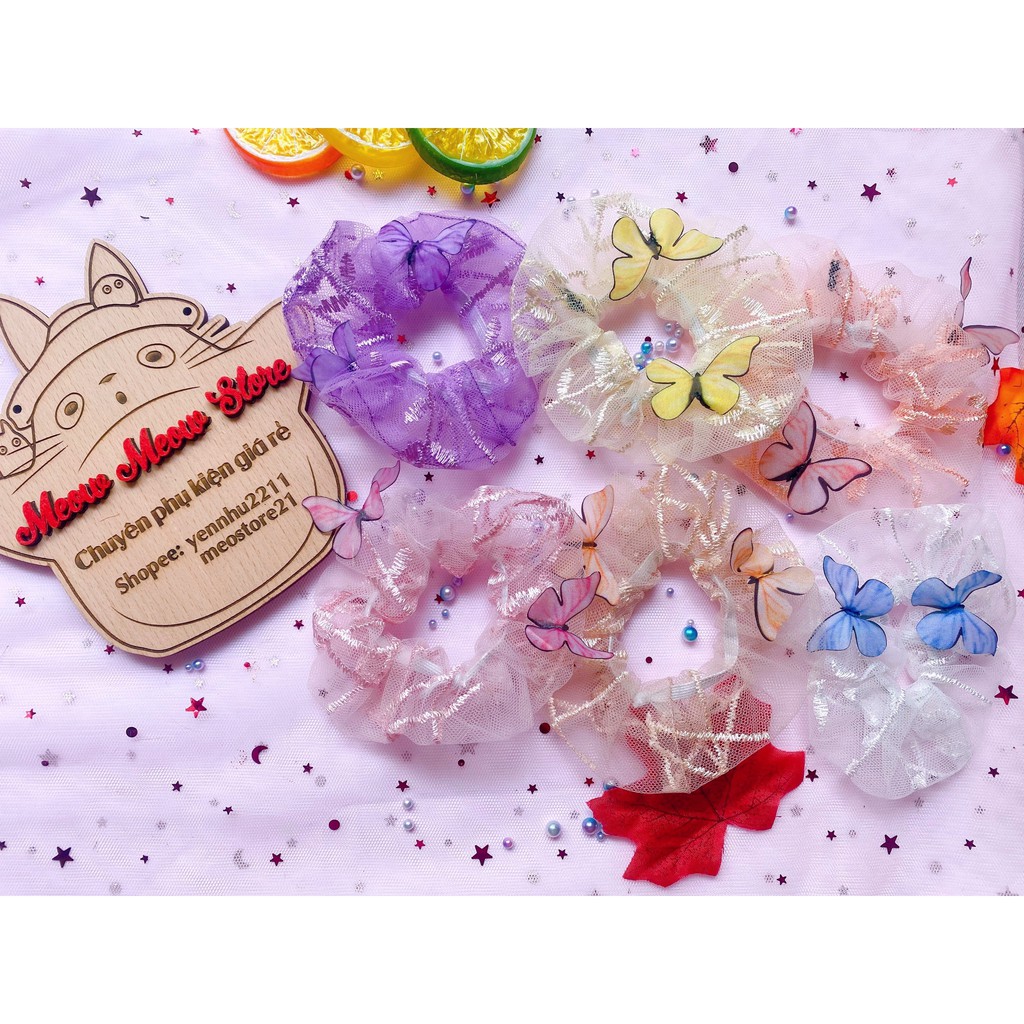 ❣Ảnh+Video thật❣Scrunchies Dây Cột Tóc Chun Tóc Bướm Vải Ren 1 Lớp Hot Trend