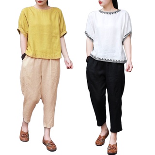 Đồ Bộ Quần Áo Trung Niên Nữ Đẹp Mùa Hè, Vải Đũi Thêu Viền Cổ Tay Vạt Áo, Quần Áo Đũi Nữ Vải Xước Mềm Mại, Thoáng Mát