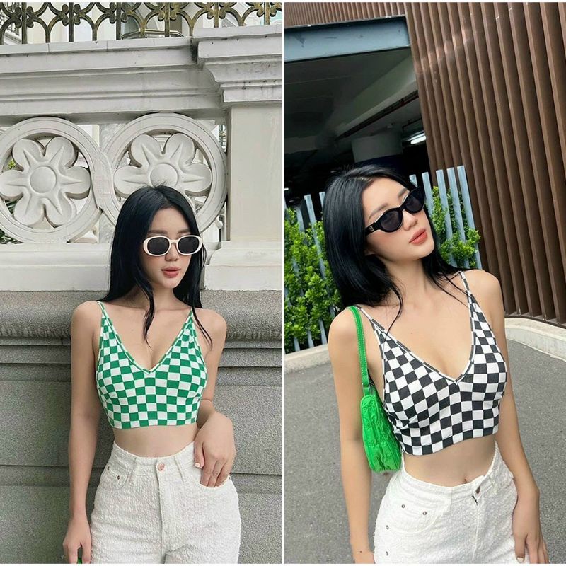 Áo croptop 2 dây cổ V ôm body họa tiết caro