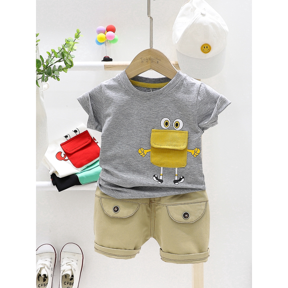 Set áo thun tay ngắn trang trí hoạt hình kèm quần short cotton thời trang mùa hè cho bé 0-5T