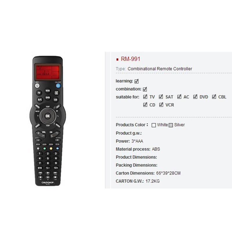 Điều Khiển Từ Xa Thông Minh Chunghop RM991 Đa Năng Cho TV/TXT/DVD CD/VCR/SAT/A/C