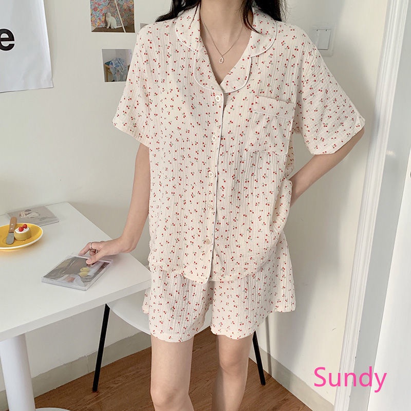 Bộ Đồ Ngủ Ngắn Tay Dáng Rộng In Hình Trái Cherry Thời Trang Mùa Hè Hàn Quốc Dành Cho Nữ