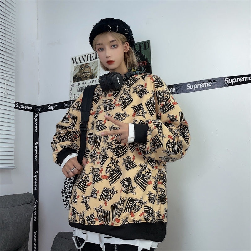 ZHELIHANGFEI Áo Thun Sweater Tay Dài Dáng Rộng In Họa Tiết Ngựa Vằn Cá Tính