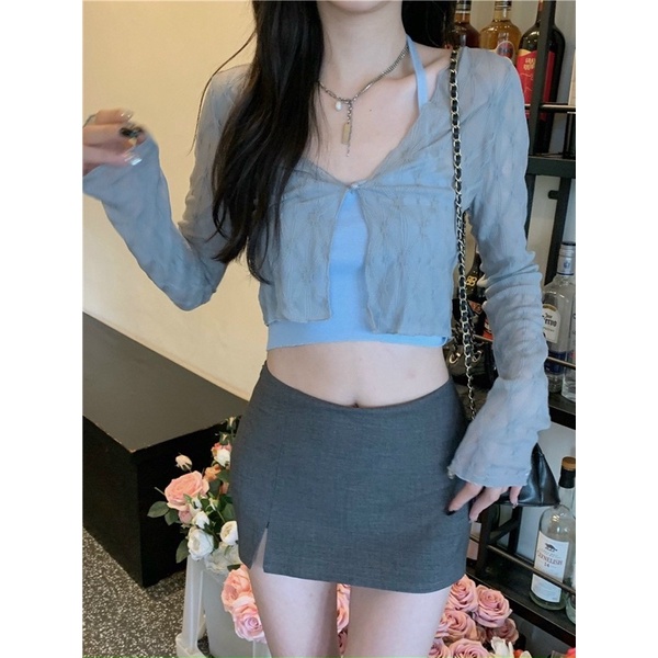 Set áo yếm len nâu tây kèm áo khoác cadigan giấy ô trám mỏng