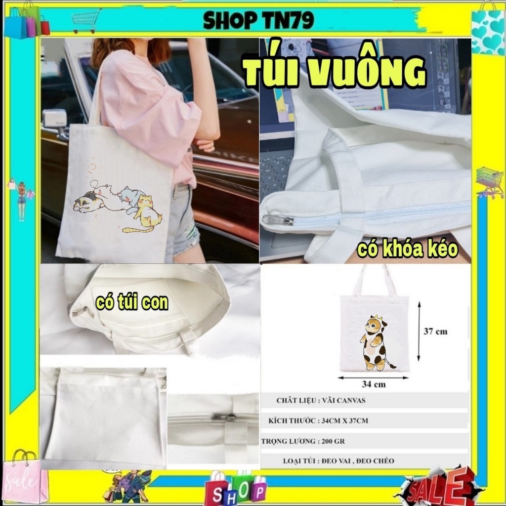 Túi tote vải đeo chéo canvas size to giá rẻ phong cách Hàn Quốc đi học đi chơi đều đẹp MÈO -T03