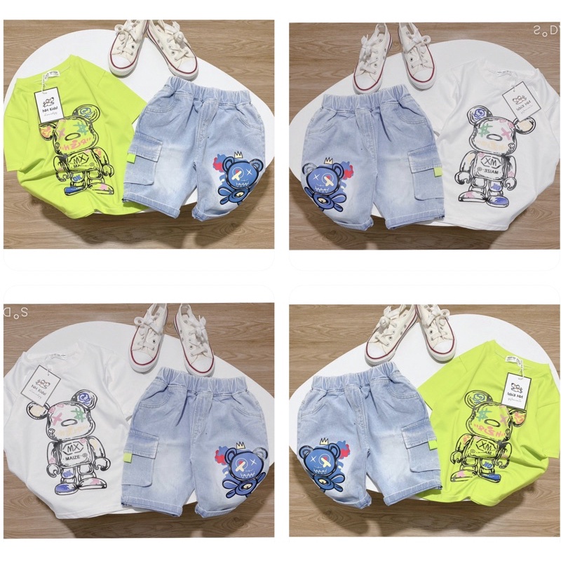 Set jean gấu Bearbrick màu trắng cho bé trai