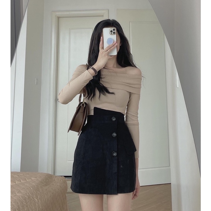 Áo len tăm trễ vai,áo thun trễ vai bẹt vai bánh bèo tiểu thư xinh xắn SA522 HOASUMO