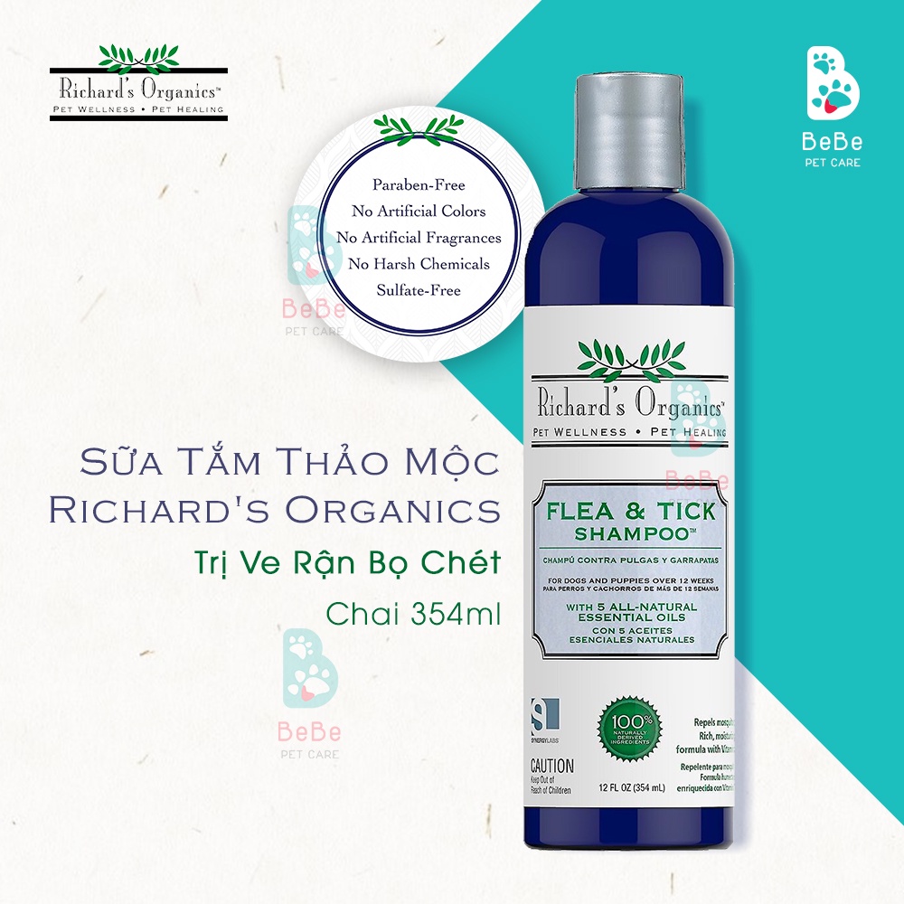 Sữa Tắm Richard's Organics Flea &amp; Tick Từ Thảo Mộc Giúp Phòng Ngừa &amp; Hỗ Trợ Loại Trừ Ve Bọ Rận Cho Chó Mèo 354ml