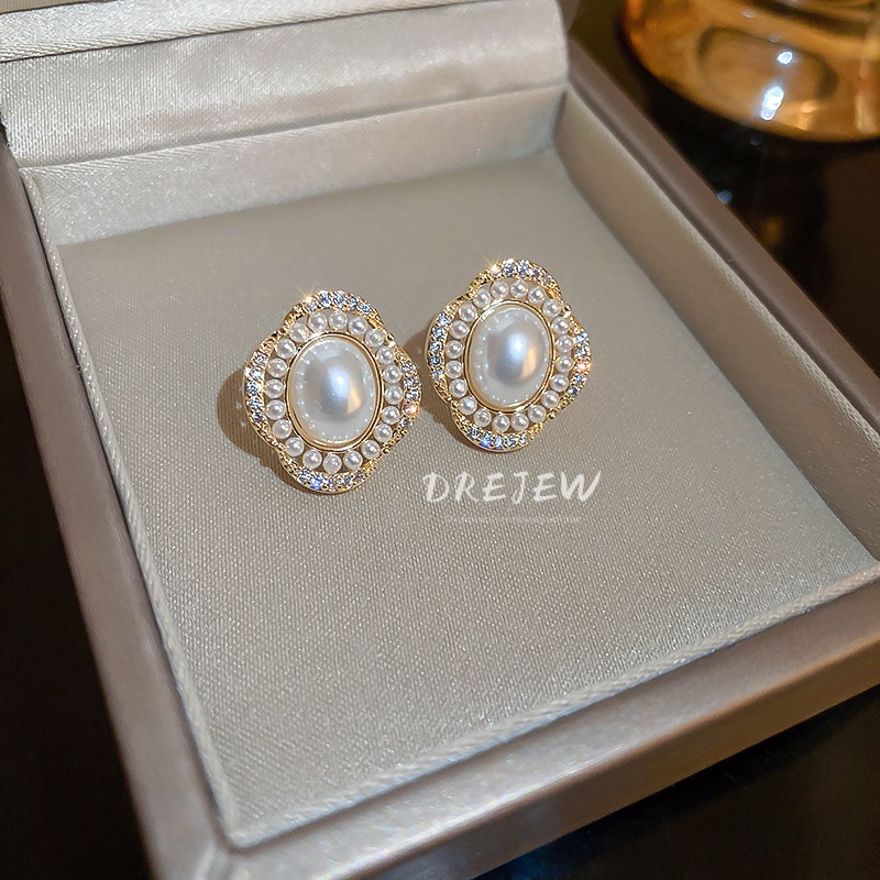 Khuyên tai DREJEW 2 mạ vàng/ bạc hình oval đính ngọc trai nhân tạo phong cách Pháp sang trọng thời trang