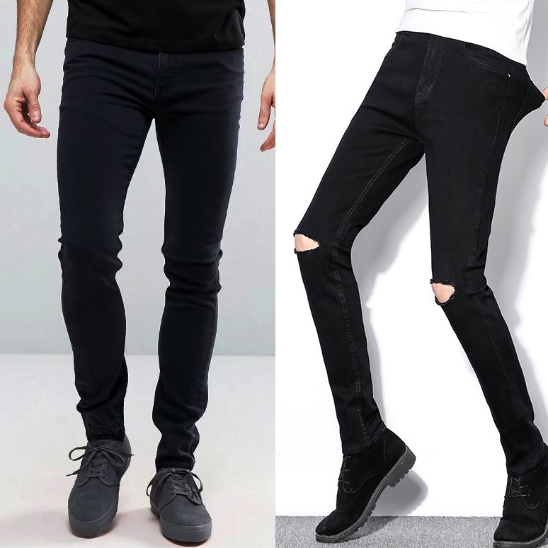 Quần Jean Nam Rách Gối Màu Đen Vải Co Giãn, Không Phai Màu Dáng Skinny Phong Cách Hàn Quốc -J02