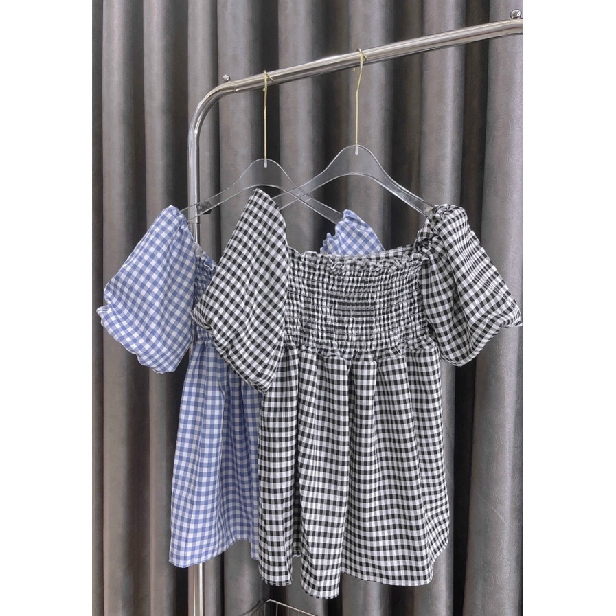 Áo babydoll trễ vai tay bồng kẻ caro xanh dáng suông cực xinh