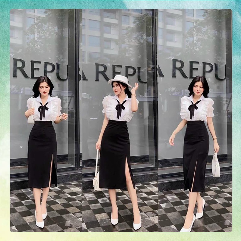 Set Áo 2 Lớp Bèo Cài Nút Thật Kèm Chân Váy Midi Xẻ Tà - Thời Trang Dressery Store