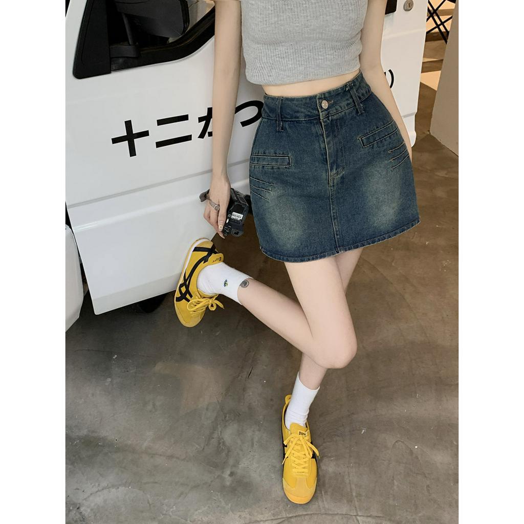 Lalisas Chân váy jean Ngắn Chữ A Lưng Cao Phong Cách retro Mỹ Cho Nữ