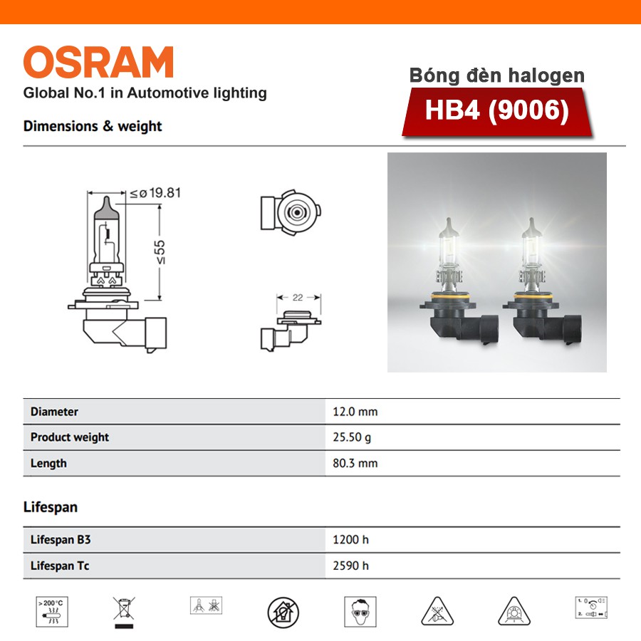 [Mã BMBAU50 giảm 10% đơn 99k] Bóng Đèn Halogen OSRAM Original HB4 12V 51W (Chân Cong) Nhập Khẩu Chính Hãng