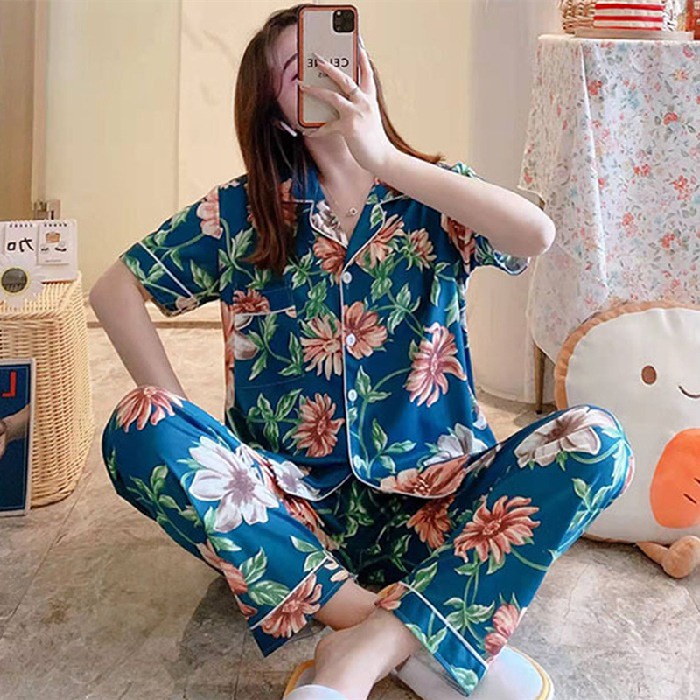 Bộ Đồ Ngủ Tay Ngắn Chất Liệu Cotton In Họa Tiết Xinh Xắn Thời Trang Cho Nữ