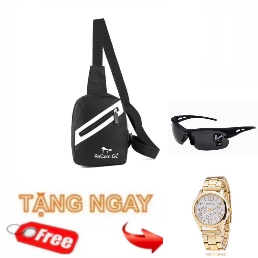 Túi Đeo Chéo Thời Trang AnCom GL MINI (Đen) + đồng hồ dây thép không gỉ gold vàng +Tặng kính đi đường K24