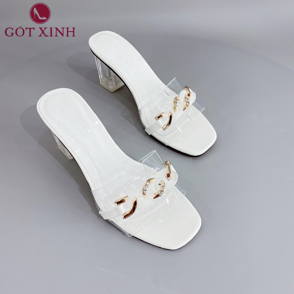 Dép cao gót nữ GÓT XINH D15 quai ngang chất liệu mika trong phối xích cao 5cm