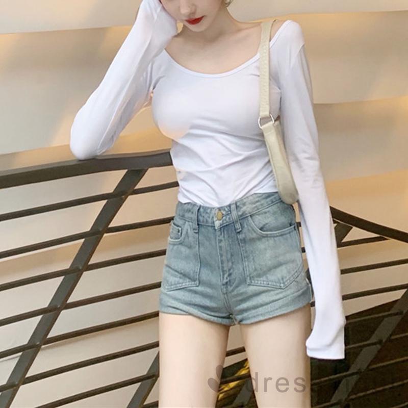 Áo Thun Tay Dài Cổ Xẻ Tà Màu Trơn / Trắng / Kaki Cho Nữ (Màu Đen)