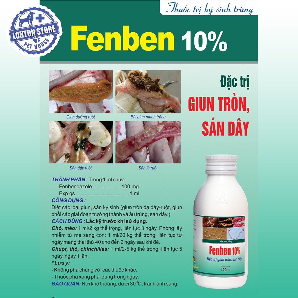 Chai Diệt Trừ Mọi Loại Giun Sán Cho Vật Nuôi - Fenben 10% (Fenbendazole) 120ml - Lonton Store