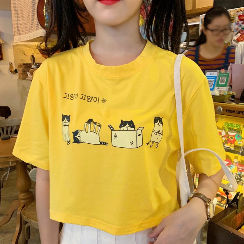 Áo thun croptop hình mèo kèm họa tiết hoa cúc - Sỉ lẻ áo croptop