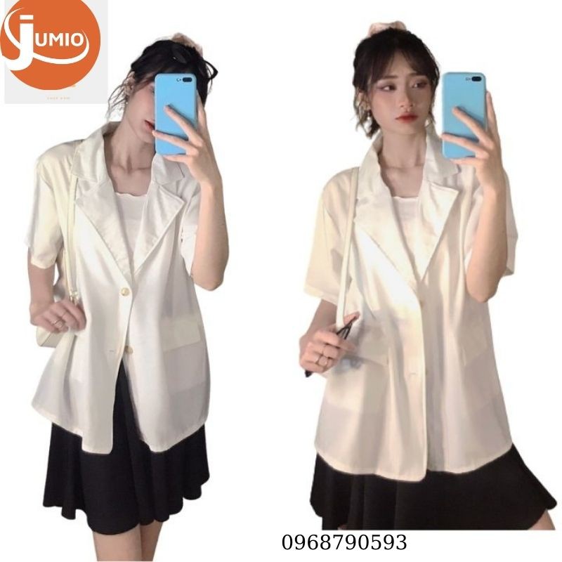 Áo blazer cộc tay túi nắp nữ áo vest khoác ngoài phong cách hàn quốc màu trắng be JUMIO ABL