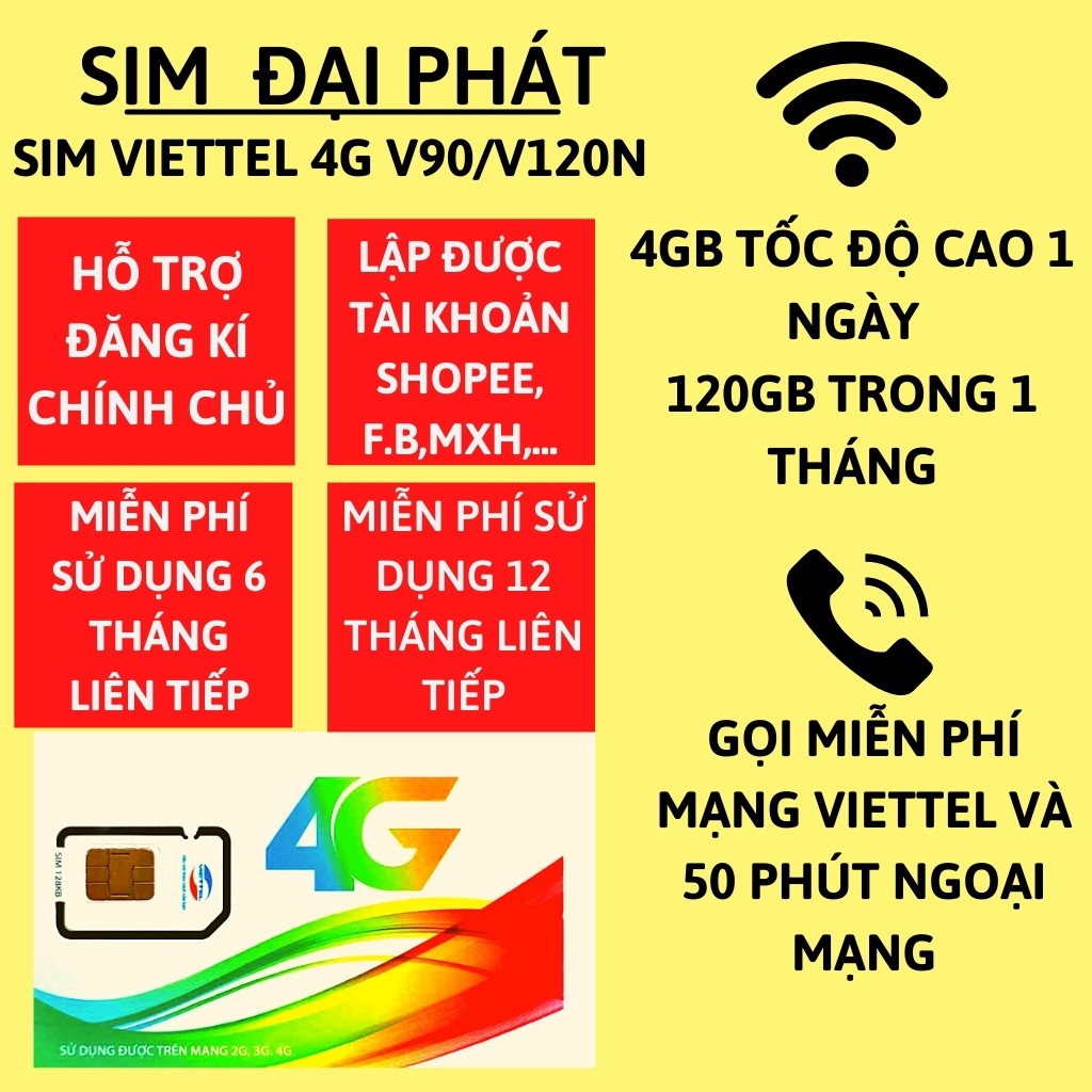 SIM VIETTEL 4G V120 DATA  120GB/THÁNG - Free 6-12 THÁNG - Free gọi nội mạng viettel - Free 50 phút ngoại mạng