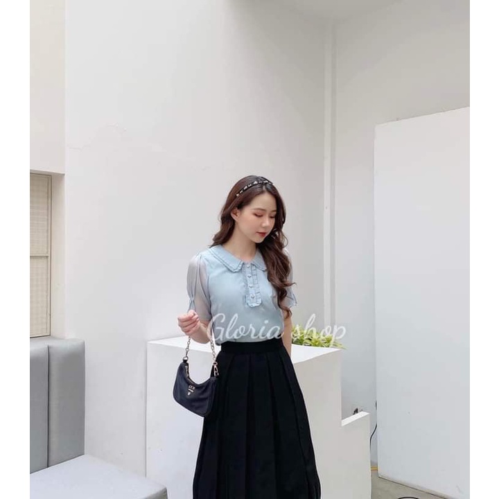 {Gloria Shop} Áo sơ mi nữ tiểu thư cổ cánh sen tay sếp ly Thời trang màu xanh SMKX01