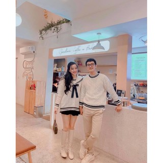 Áo Len Đôi Nam Nữ Couple màu Trắng cổ Thuỷ Thủ viền đen