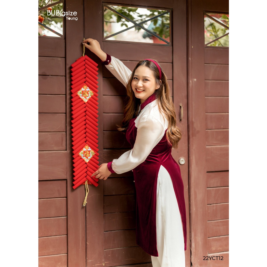 Áo dài nhung đỏ cổ V, xẻ thân trước (55kg đến 95kg) - 22YCT12 - [BU Bigsize Young]