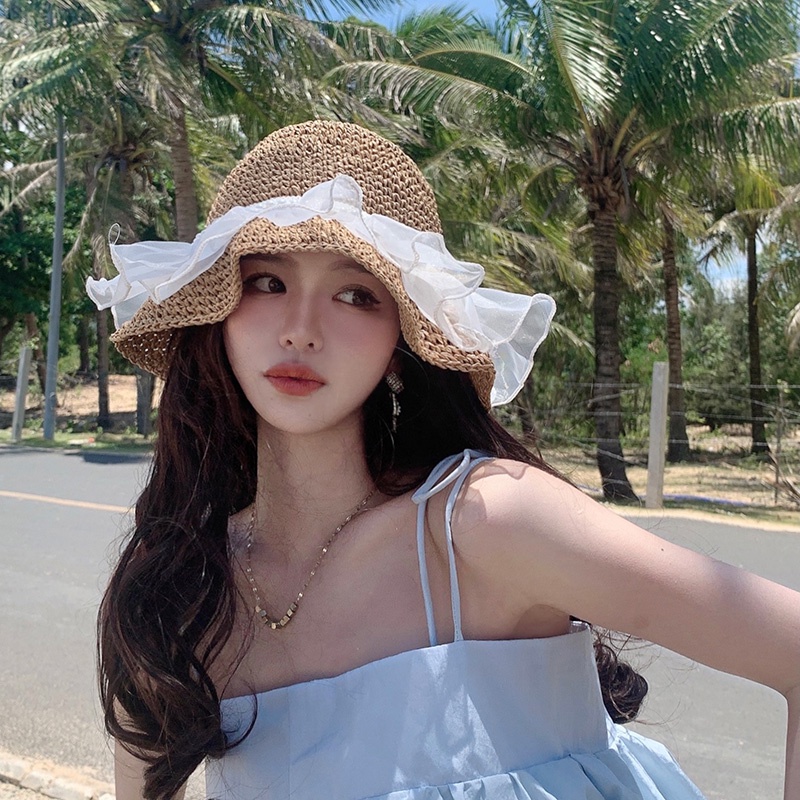 Mũ tai bèo đan cói rộng vành mỏng phối ren bèo đính ngọc trai chống nắng thời trang đi biển mùa hè thoáng mát cho nữ