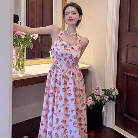 Jiashucheng Đầm Midi Hai Dây Họa Tiết Hoa Phong Cách Retro Pháp