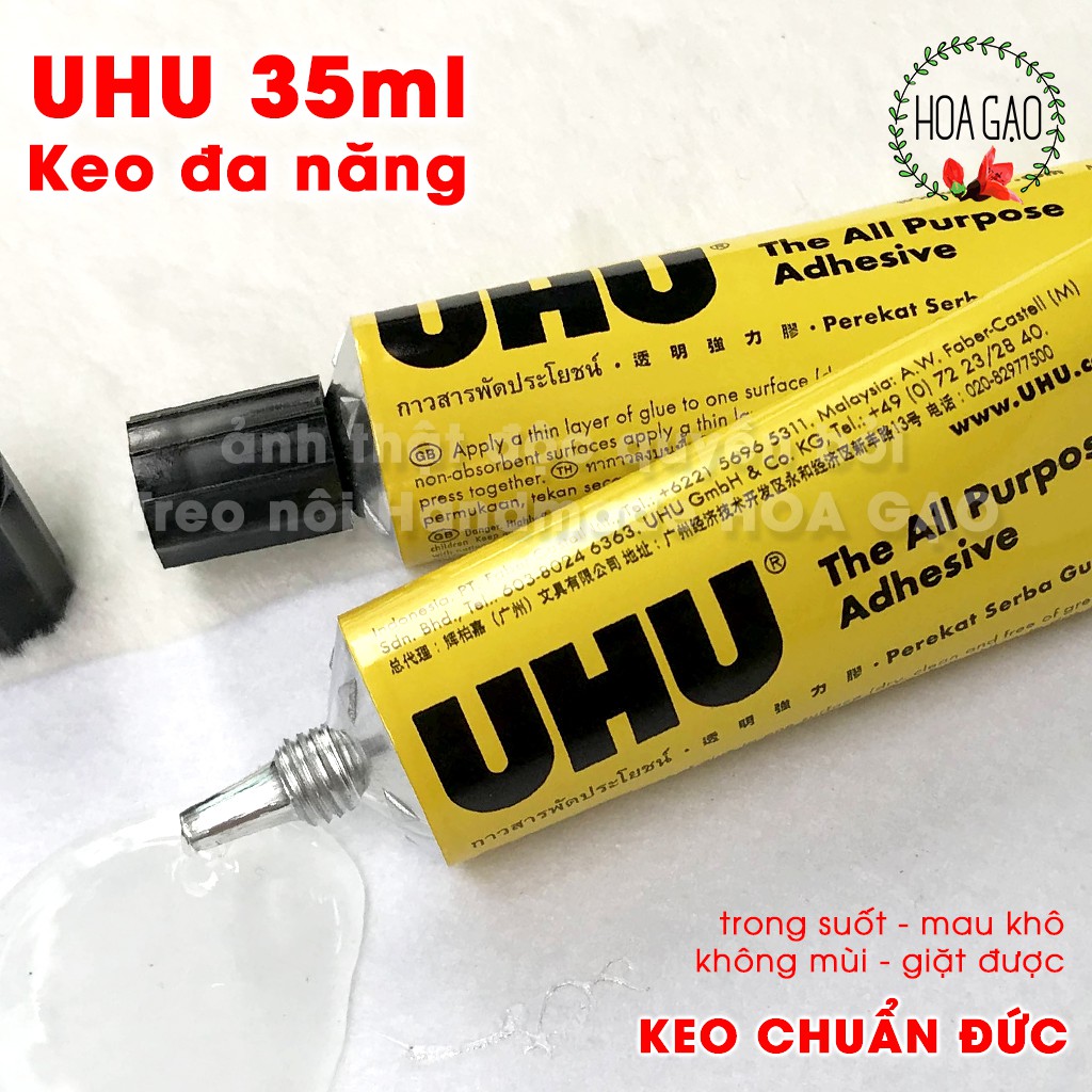 keo dán giấy vải, keo dán đa năng siêu dính UHU 35ml HOA GẠO GU chuẩn Đức trong suốt free ship