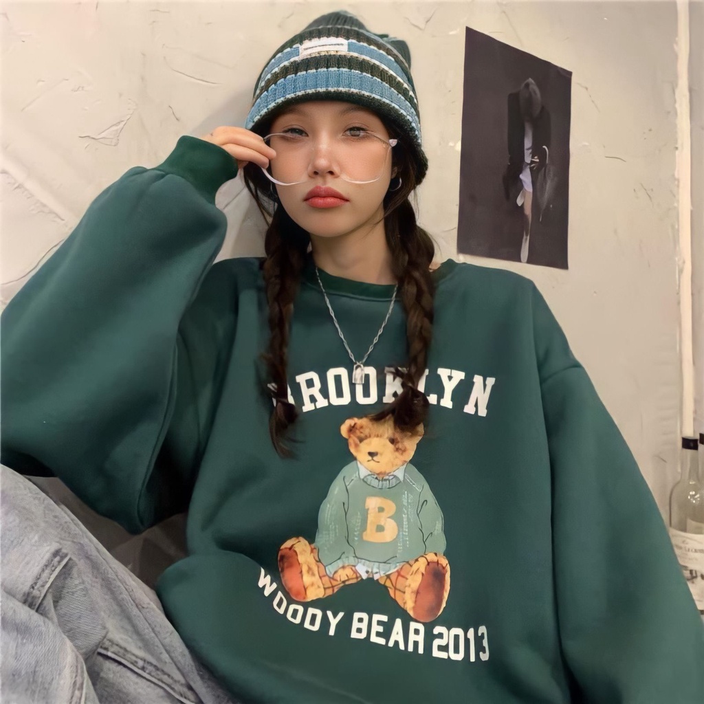 Áo sweater nỉ unisex gấu brooklyn dáng thụng in hình from dưới 65kg-Minxy shop