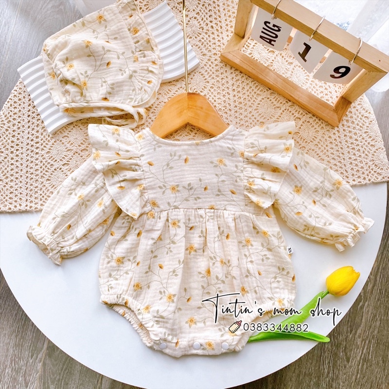 Sét body đầy tháng, thôi nôi xô muslin hoa vàng kèm mũ bèo cho bé gái