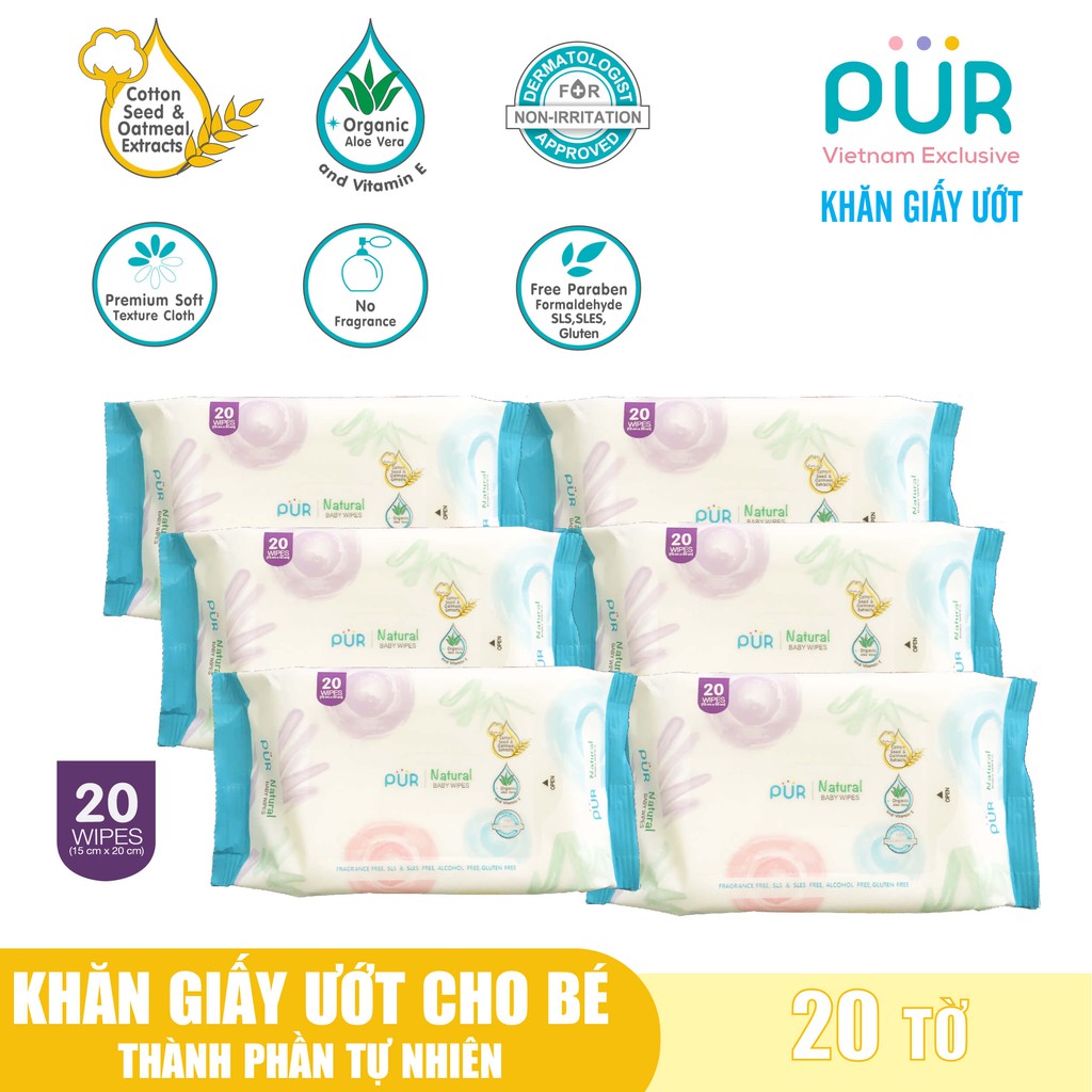 Combo 6 gói khăn ướt Pur loại 20 tờ