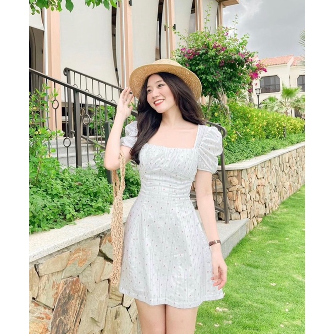 Váy hoa thô hoa Vân nổi loại dày dặn 2lớp bo eo tôn dáng cực Xinh