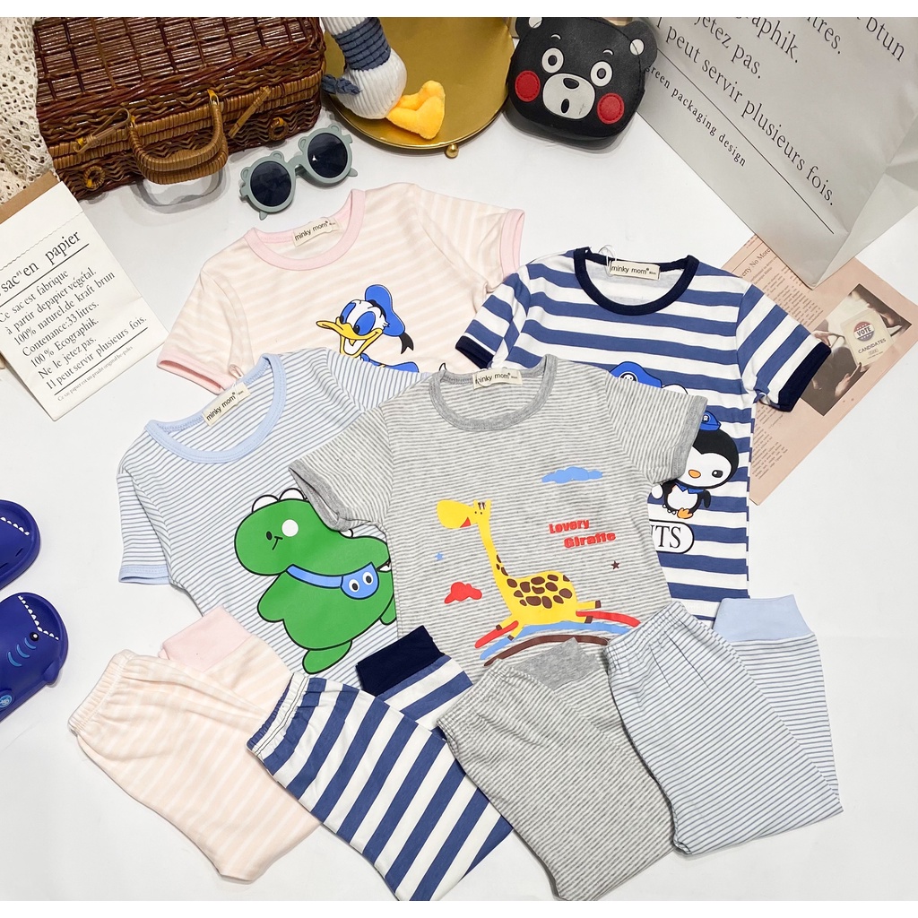 Bộ Tay Ngắn Quần Dài MINKY MOM COTTON HÀN Vải Sọc In Hình Ngộ Nghĩnh Cho Bé TN-IN114