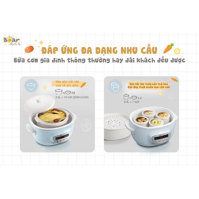  [Freeship][Ship 2H]Nồi Nấu Chậm 2.5L Bear SUBE003 (5 thố sứ) - CÓ LỒNG HẤP- HÀNG QUỐC TẾ