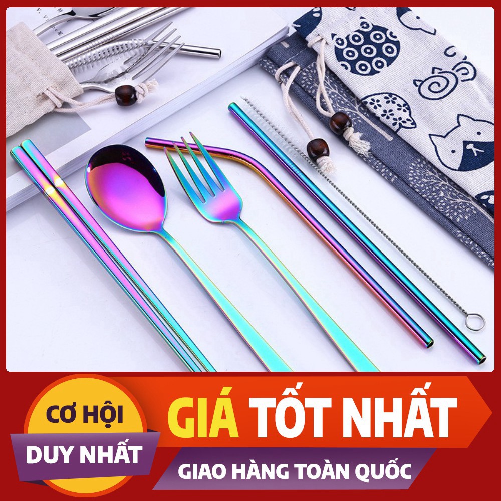 (Tốt) (Rẻ Vô Địch) Bộ 7 món đũa muỗng nĩa ống hút inox kèm túi  - 8884 (Hàng Tốt) (Loại Cao Cấp)