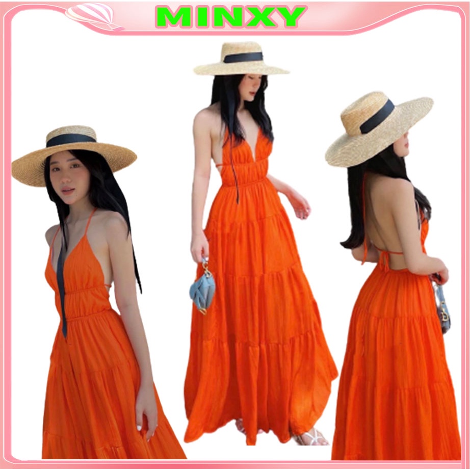 Váy 2s tầng đầm maxi cam 3 tầng xòe chất đũi tơ-Minxy shop