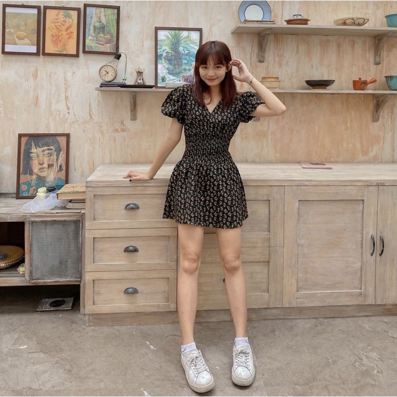Đầm hoa nhí xoè nhún eo tay phồng | BigBuy360 - bigbuy360.vn