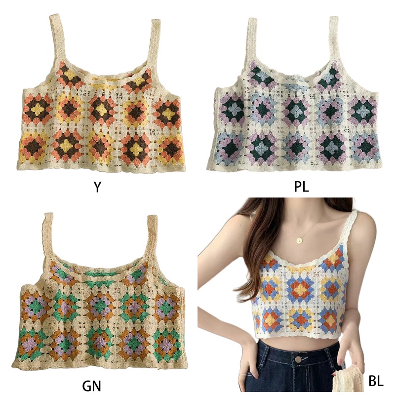 Áo Croptop Dệt Kim Không Tay Thiết Kế Rỗng Nhiều Màu Sắc Phong Cách Retro Dành Cho Nữ