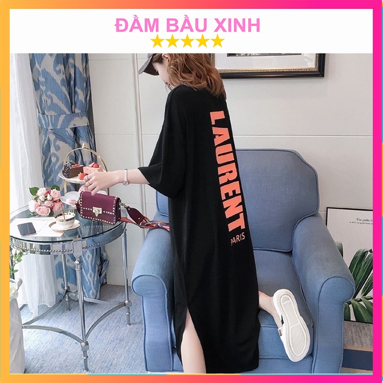 Đầm bầu chất cotton co dãn dáng dài tay lỡ váy dáng suông in họa tiết Lauren