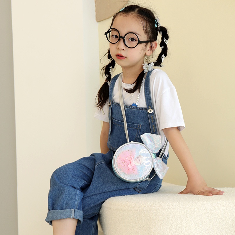 Túi Đeo Chéo Hình Tròn Đính Kim Sa Lấp Lánh Thời Trang Cho Bé Gái