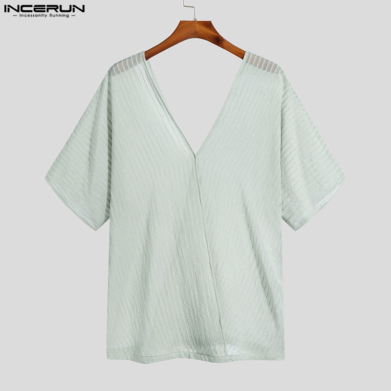 Áo thun INCERUN tay ngắn cổ chữ V in kẻ sọc phong cách mùa hè cho nam
