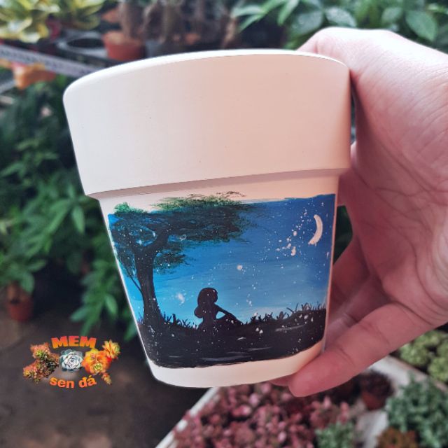 Chậu trắng lớn vẽ phức tạp 11x11 cm