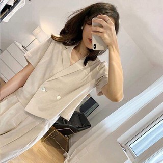 (Hàng có size) Set bộ áo khoác croptop cổ vest mix quần baggy nude năng động BCi